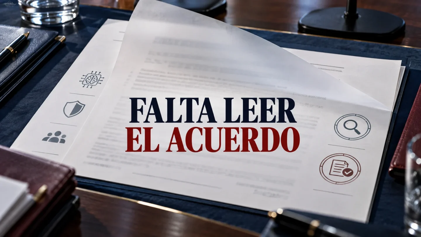Mesa editorial con un acuerdo de seguridad de inteligencia artificial parcialmente cubierto y varias firmas corporativas abstractas.