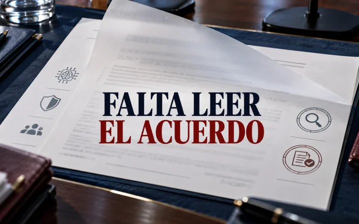 Mesa editorial con un acuerdo de seguridad de inteligencia artificial parcialmente cubierto y varias firmas corporativas abstractas.