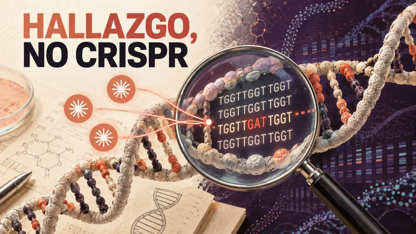 Ilustración editorial de una hélice de ADN bajo una lupa y agentes de Claude señalando una repetición; texto «Hallazgo, no CRISPR».