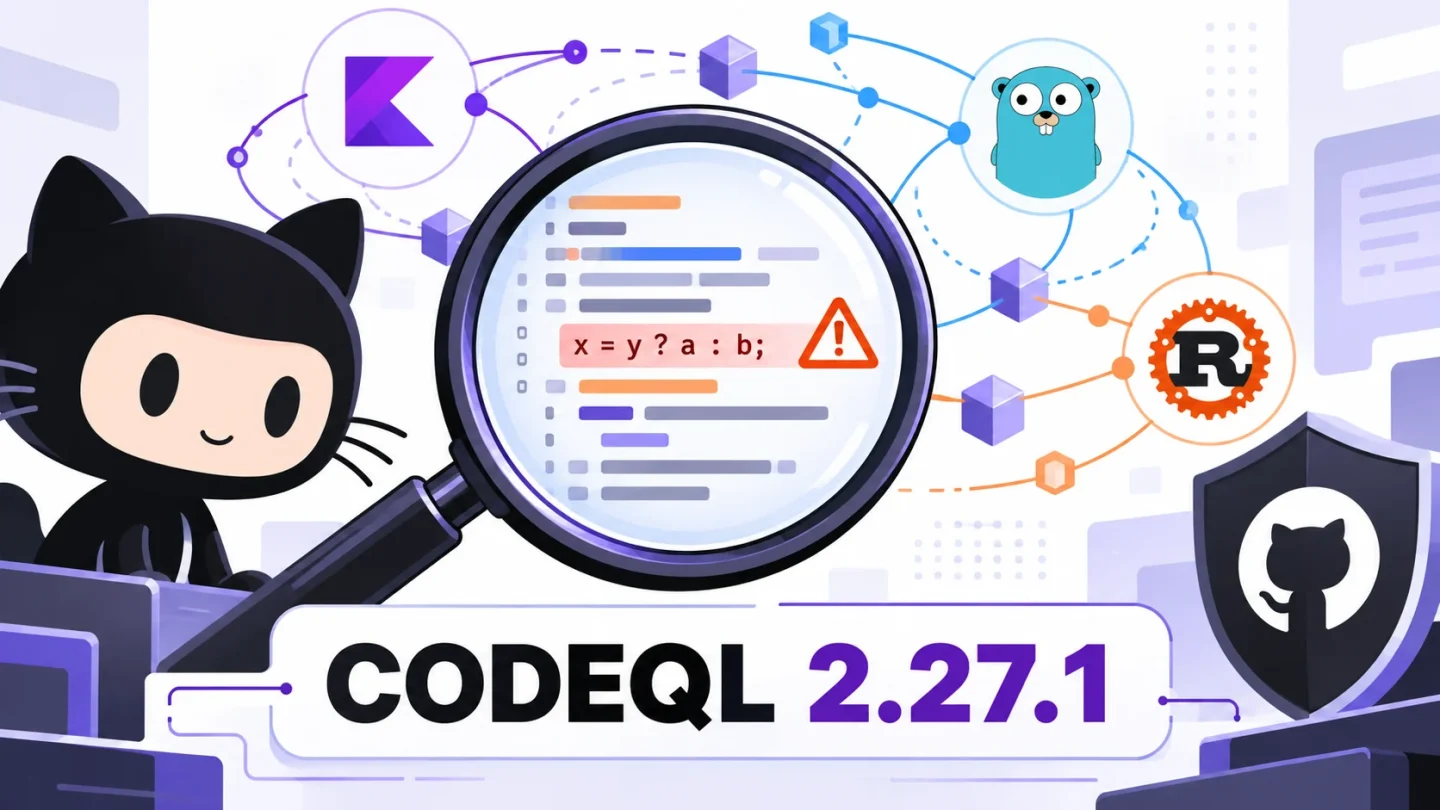 Ilustración editorial de una lupa sobre código Kotlin, C++, Go y Rust; texto «CodeQL 2.27.1».
