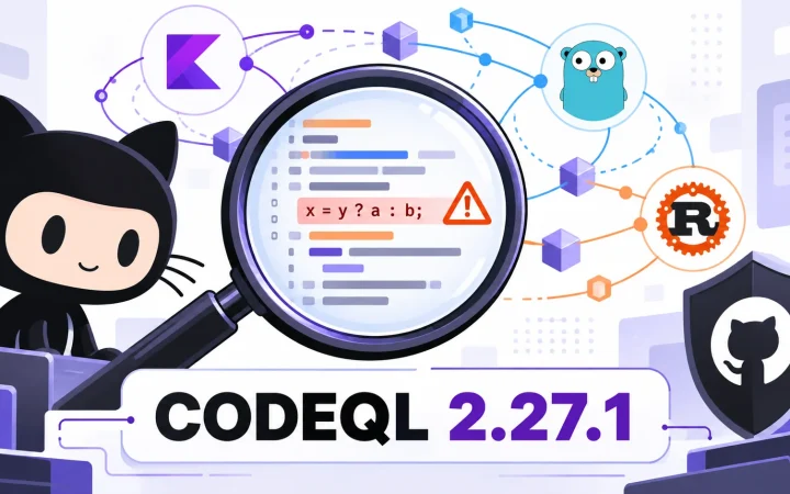Ilustración editorial de una lupa sobre código Kotlin, C++, Go y Rust; texto «CodeQL 2.27.1».