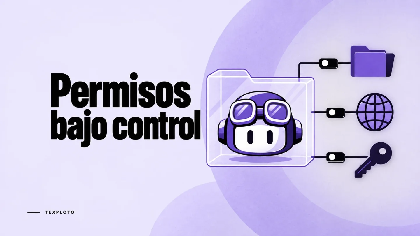 Ilustración del símbolo de Copilot dentro de un límite de carpeta, conectado a controles de archivos, red y claves; «Permisos bajo control».