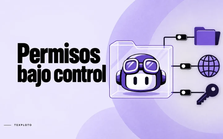 Ilustración del símbolo de Copilot dentro de un límite de carpeta, conectado a controles de archivos, red y claves; «Permisos bajo control».