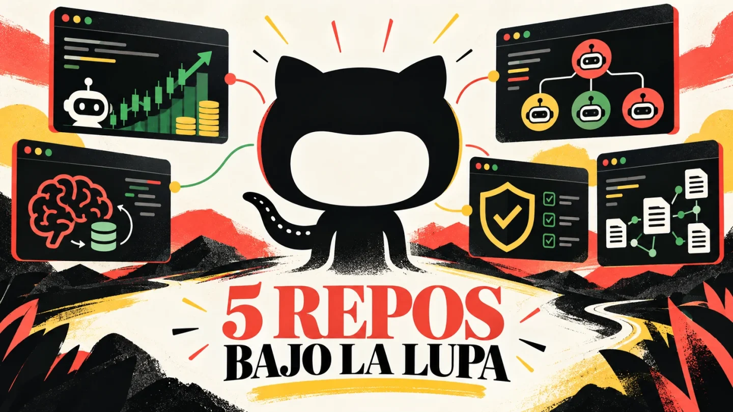 Collage editorial de cinco repositorios de GitHub representados como expedientes técnicos; texto «5 repos bajo la lupa».