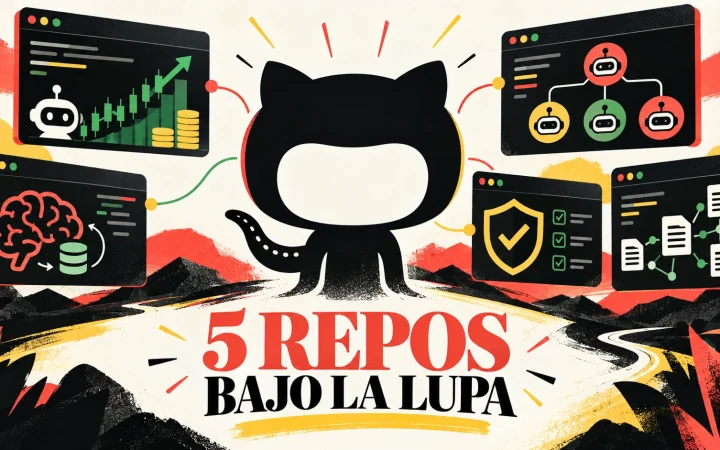 Collage editorial de cinco repositorios de GitHub representados como expedientes técnicos; texto «5 repos bajo la lupa».