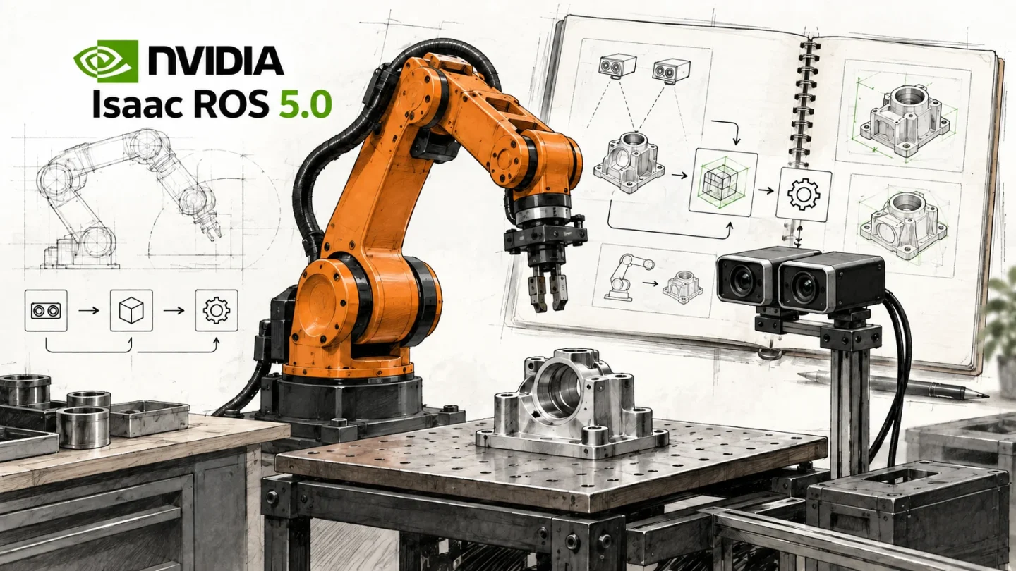 Ilustración editorial de un brazo robótico, cámaras estéreo y un esquema de desarrollo junto a NVIDIA Isaac ROS 5.0.