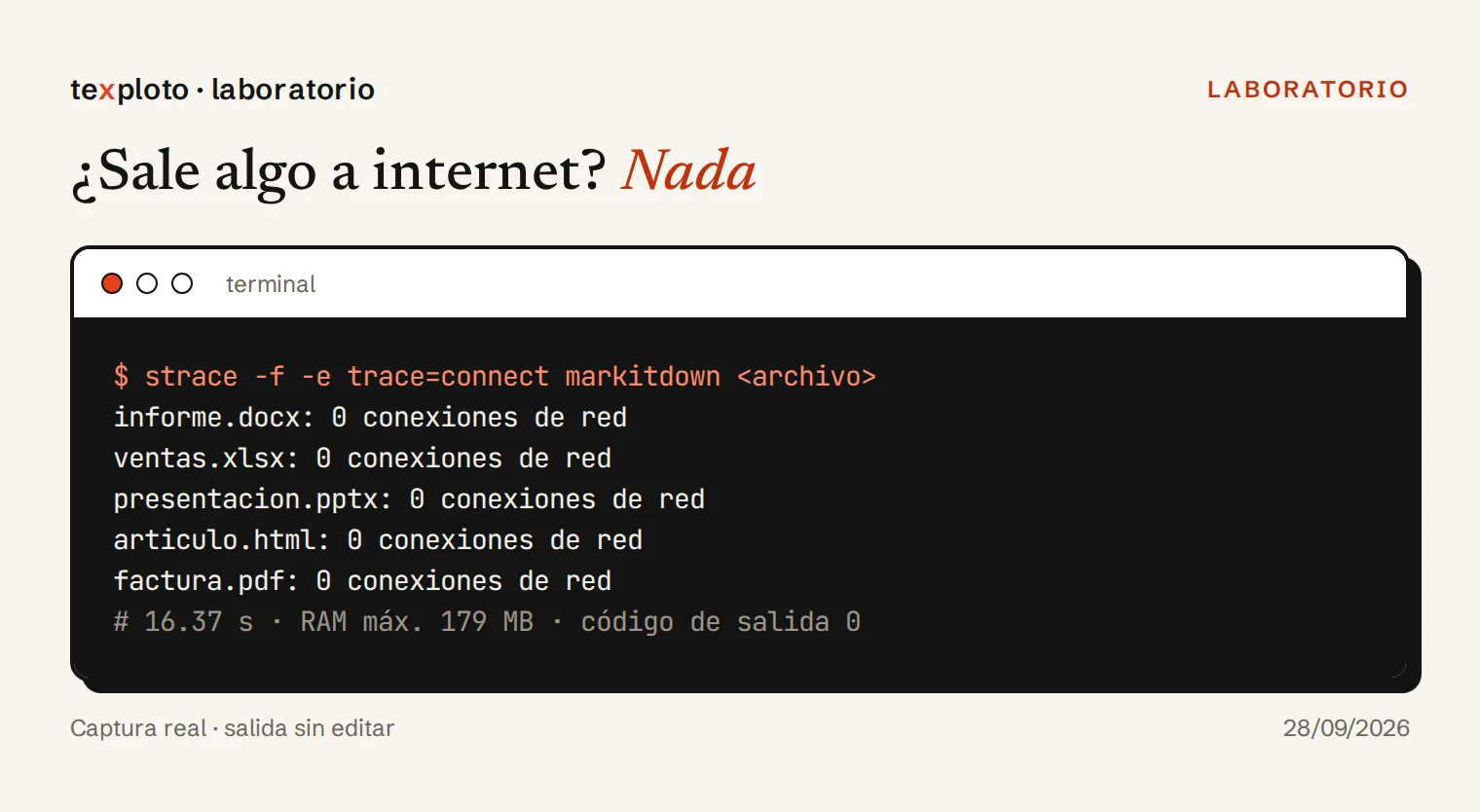 Terminal con el resultado de strace: cero conexiones de red al convertir el Word, el Excel, la presentación, la página web y la factura