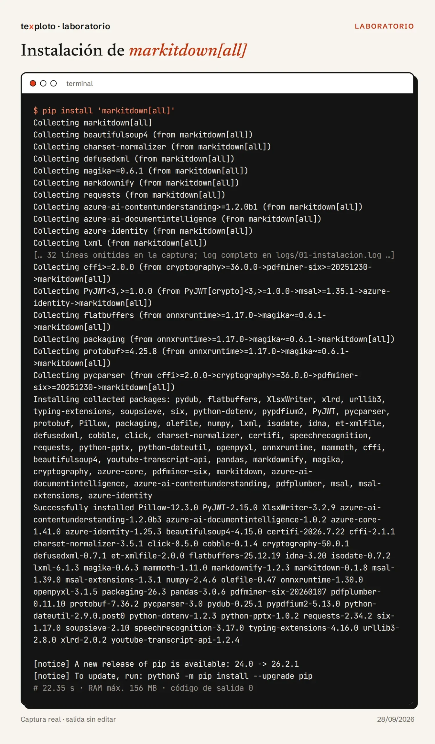 Terminal con la instalación de markitdown[all] y la lista de paquetes que descarga, entre ellos los SDK de Azure
