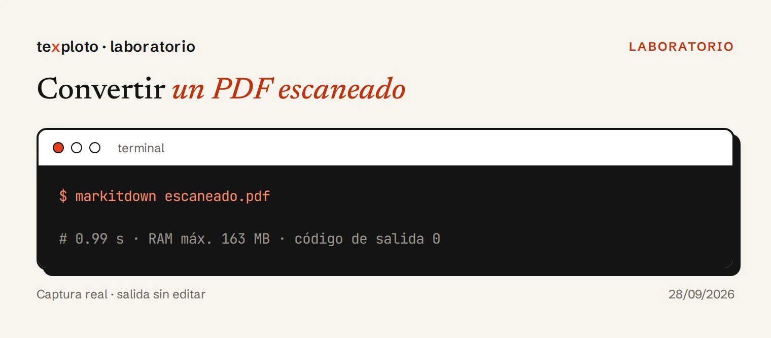 Terminal con la conversión del PDF escaneado: no aparece ningún texto y el código de salida es 0