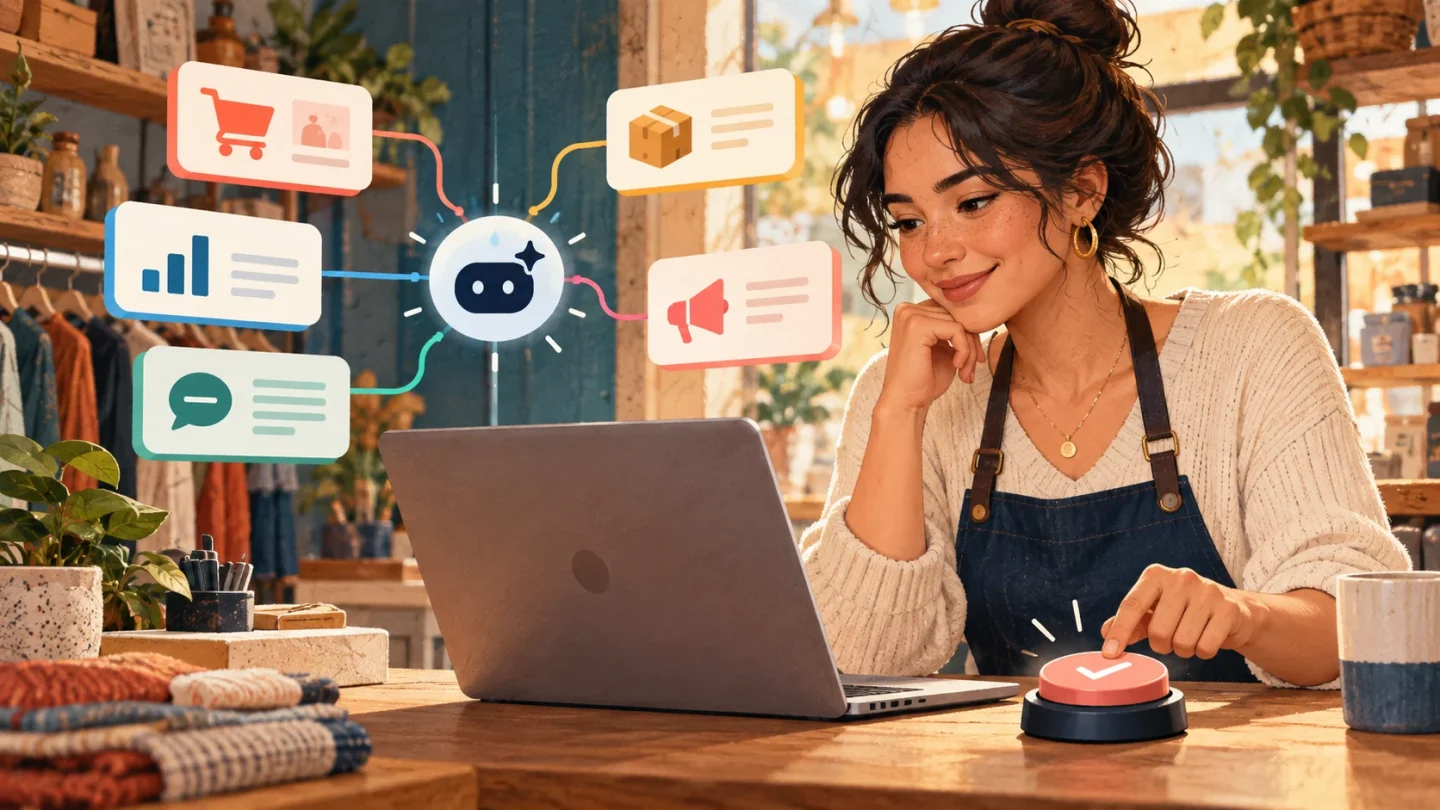 Propietaria de una pequeña empresa revisa conexiones de ventas, contabilidad y anuncios antes de aprobar una acción de Muse.
