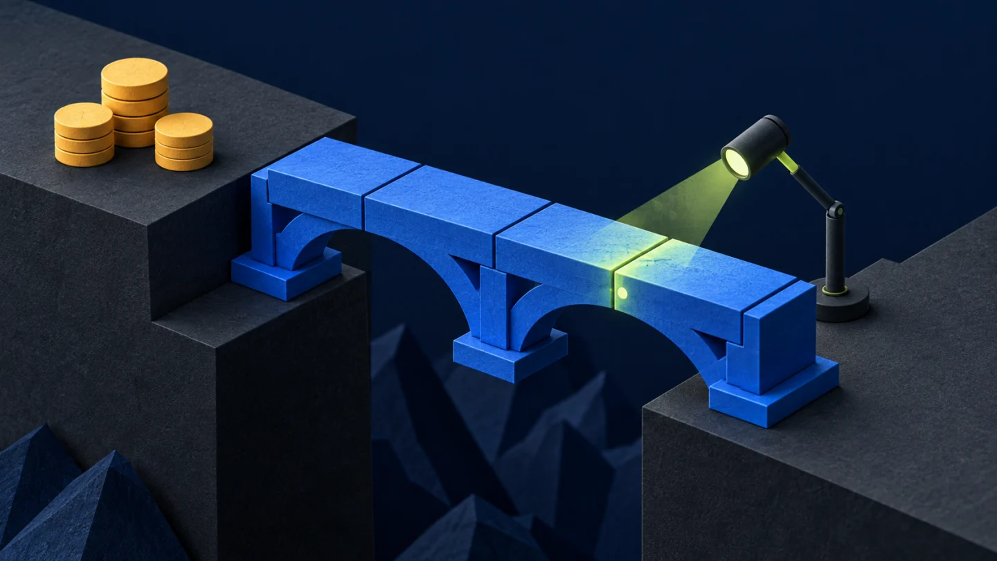 Ilustración conceptual de un puente modular azul bajo una luz de inspección, con fichas que simbolizan el presupuesto.