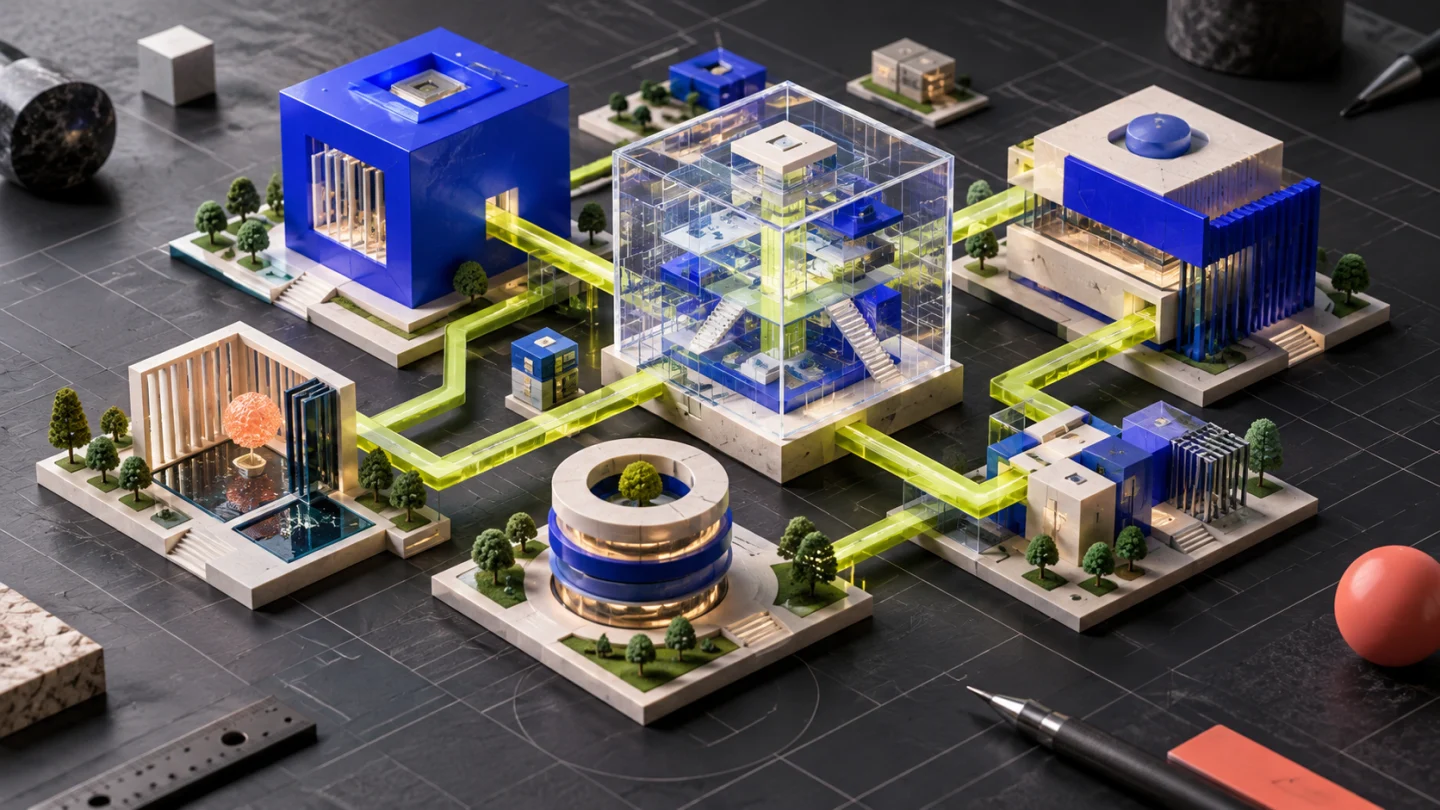 Maqueta de componentes azules y blancos conectados por caminos verdes: arquitectura de un sistema.