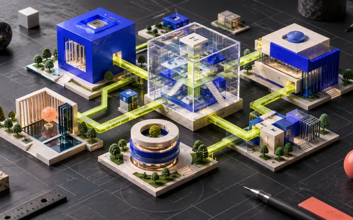 Maqueta de componentes azules y blancos conectados por caminos verdes: arquitectura de un sistema.
