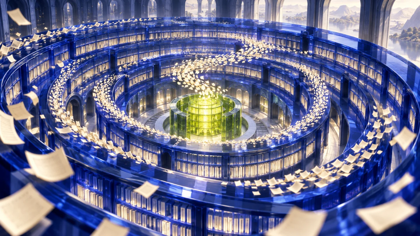 Biblioteca circular azul con hojas que convergen en un núcleo verde: metáfora del contexto y la caché.