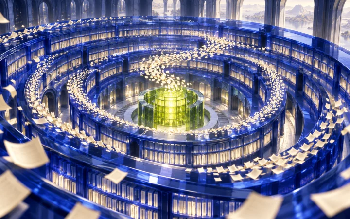 Biblioteca circular azul con hojas que convergen en un núcleo verde: metáfora del contexto y la caché.