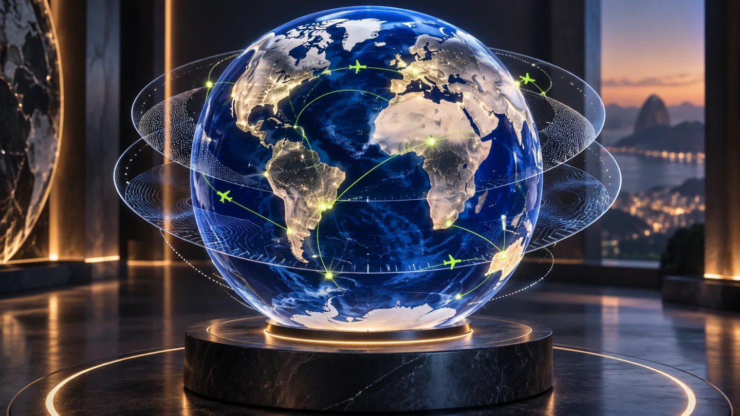 Globo terrestre de cristal con capas y rutas superpuestas: representación conceptual de datos geográficos.