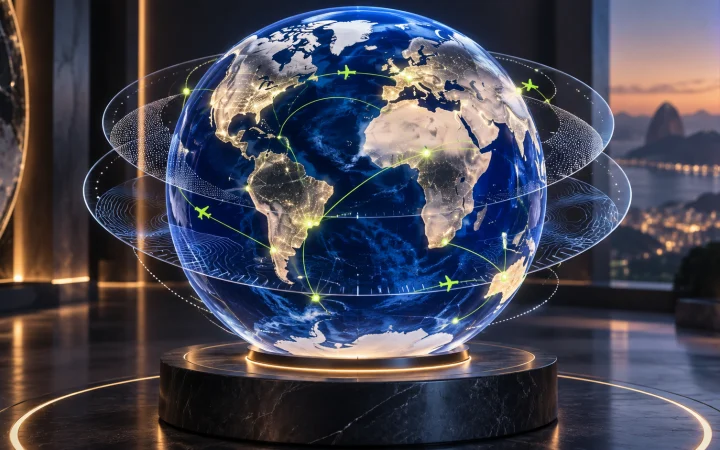 Globo terrestre de cristal con capas y rutas superpuestas: representación conceptual de datos geográficos.