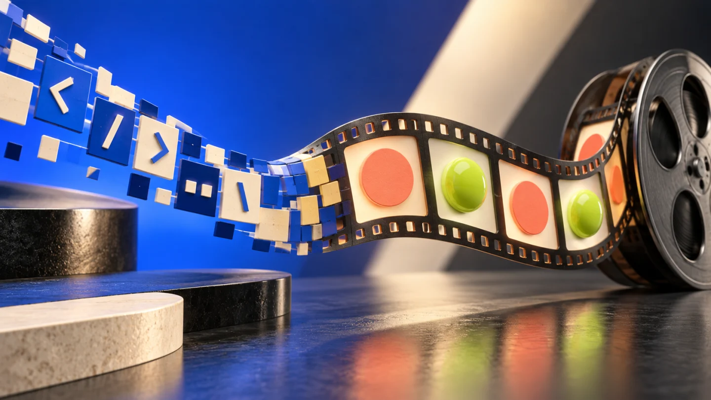 Piezas geométricas de código se transforman en una tira de película: de HTML a vídeo.