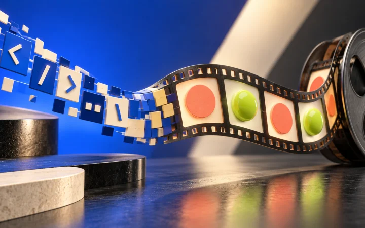 Piezas geométricas de código se transforman en una tira de película: de HTML a vídeo.