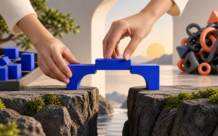 Manos construyen un pequeño puente con bloques reutilizables: simplificar una solución de software.