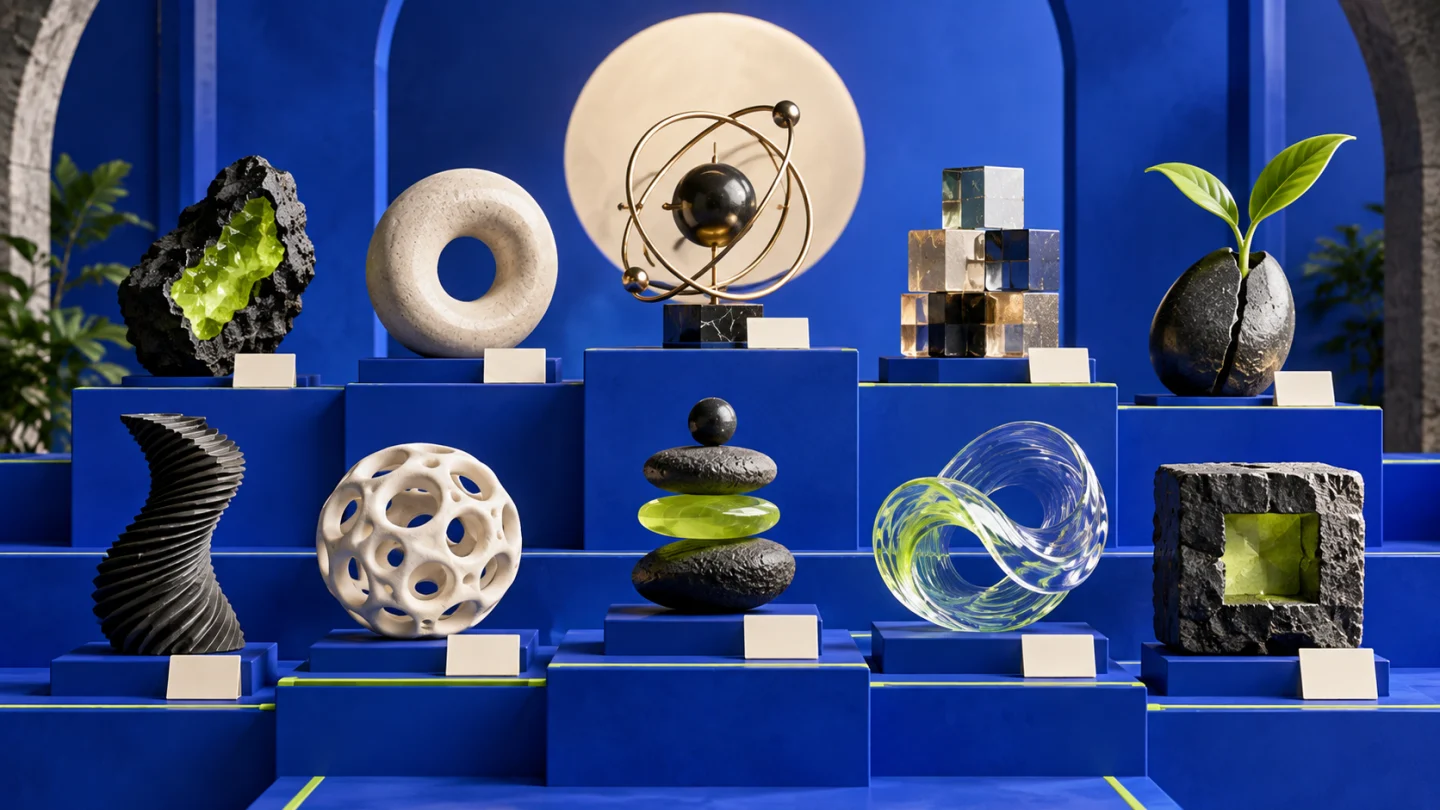 Colección de objetos de diseño sobre expositores azules: exploración de diez proyectos distintos.