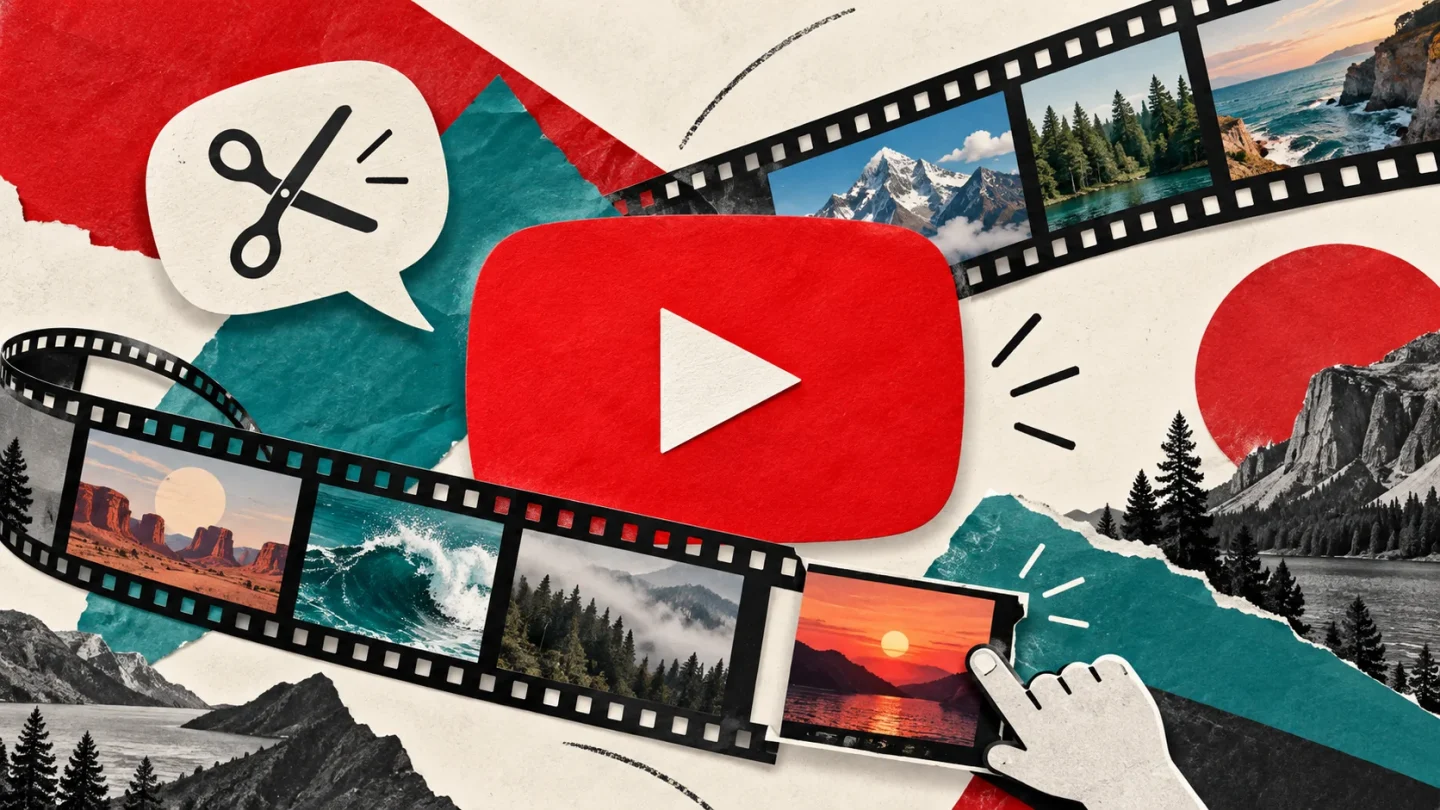 Collage editorial con el símbolo de YouTube, tiras de vídeo y una burbuja de conversación con tijeras.