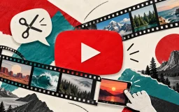 Collage editorial con el símbolo de YouTube, tiras de vídeo y una burbuja de conversación con tijeras.