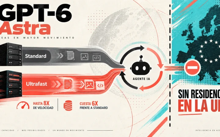 Carriles de procesamiento comparan el modo Standard y GPT-6 Astra Ultrafast, con un límite visible para la residencia de datos europea.
