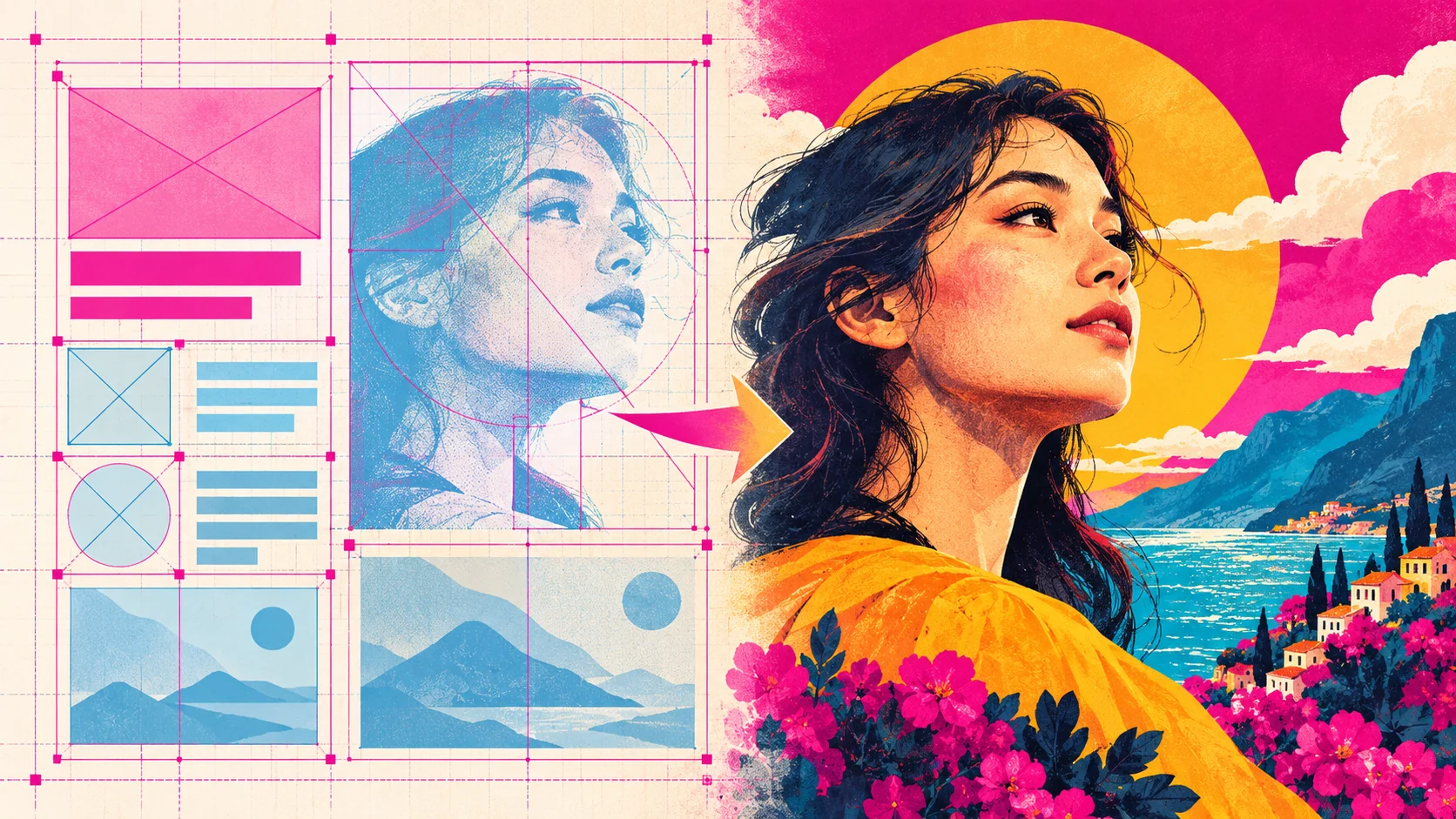 Retícula de planificación con cajas y jerarquías que se transforma en una ilustración editorial terminada