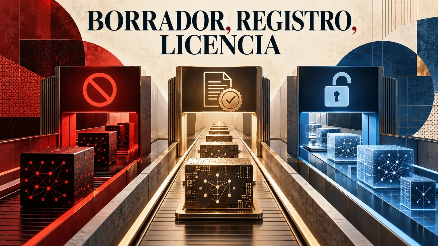 Pesos de un modelo y chips atraviesan una aduana digital con carriles de licencia, prohibición y código abierto.