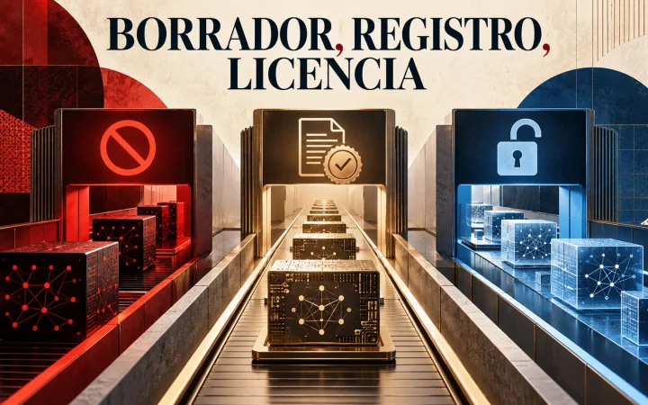 Pesos de un modelo y chips atraviesan una aduana digital con carriles de licencia, prohibición y código abierto.