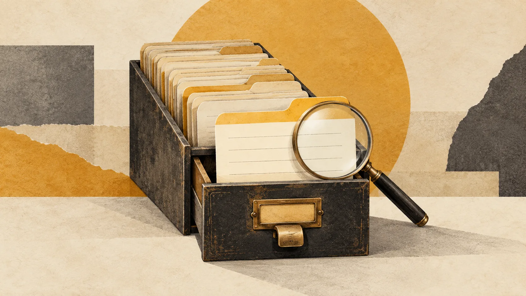 Un cajón de fichas abierto y una lupa sobre una tarjeta seleccionada.