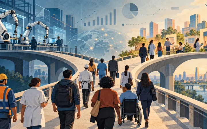 Trabajadores cruzan un puente entre automatización y nuevos servicios, con indicadores económicos incompletos.