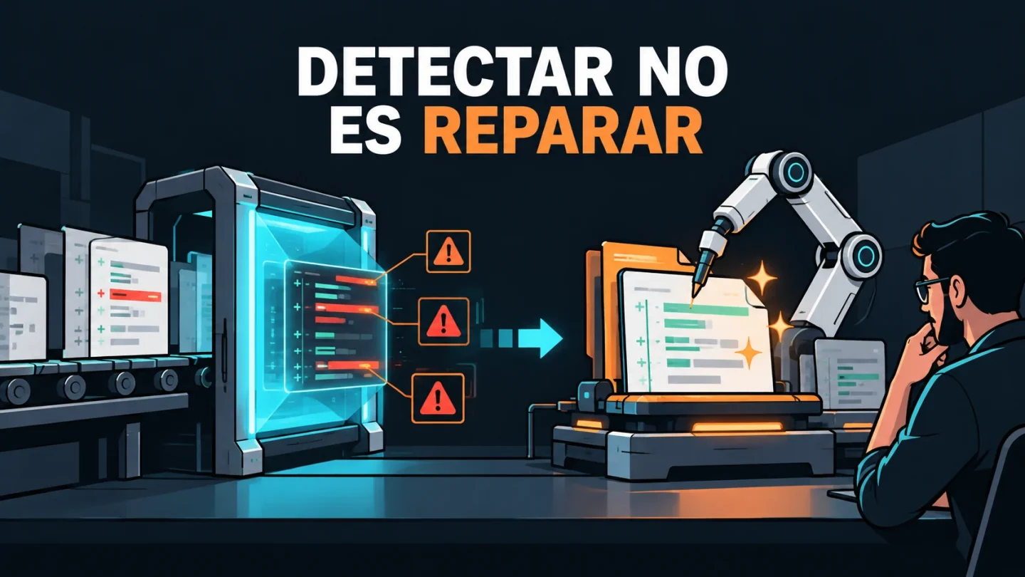 Un pull request pasa por un escáner y luego una alerta llega a un banco de reparación con revisión humana.