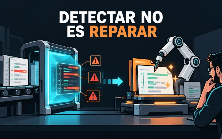 Un pull request pasa por un escáner y luego una alerta llega a un banco de reparación con revisión humana.