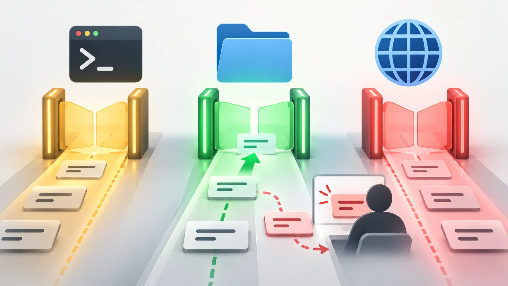 Tres compuertas para un terminal, una carpeta y una URL: manual, asistida y acceso total, con la opción asistida iluminada en verde