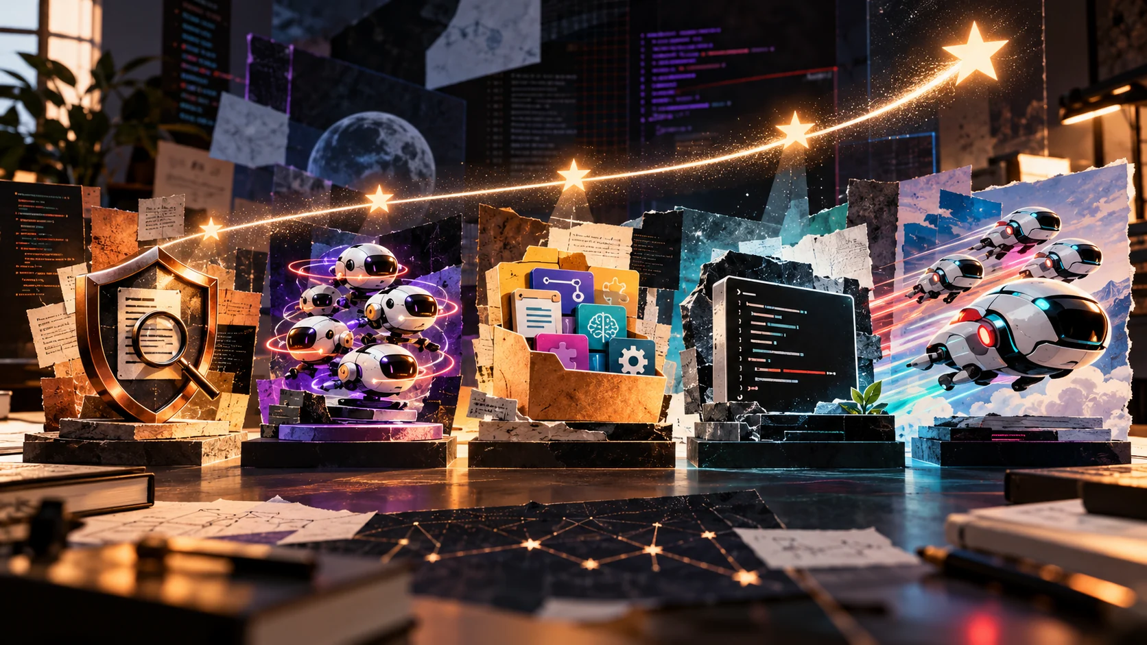 Cinco módulos visuales de auditoría, enjambre, plugins, terminal y flota de agentes bajo una curva ascendente de estrellas