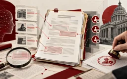 Expediente público con citas enlazadas a normas, permisos y un sello de revisión humana