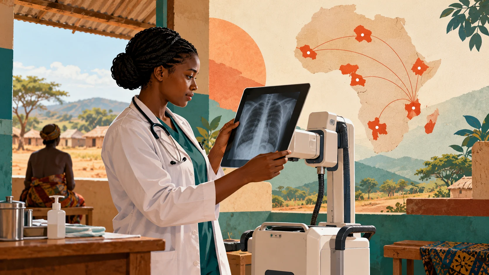 Equipo portátil de radiografía en una clínica rural con un mapa de seis países y una médica revisando el resultado