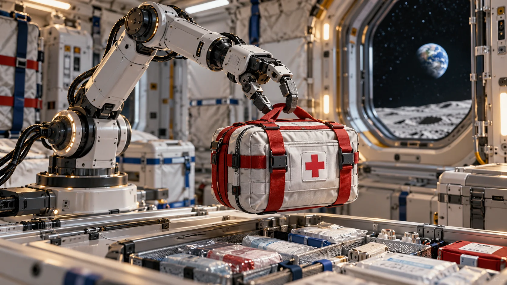 Un brazo robótico prepara una bolsa médica dentro de un módulo espacial mientras la Tierra aparece lejana por una escotilla