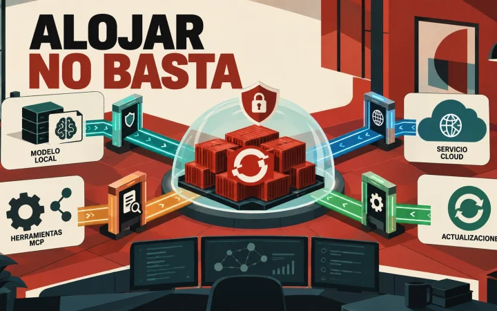 Un clúster OpenShift protegido contiene el backend de IBM Bob mientras rutas separadas muestran modelo local, nube y herramientas conectadas.
