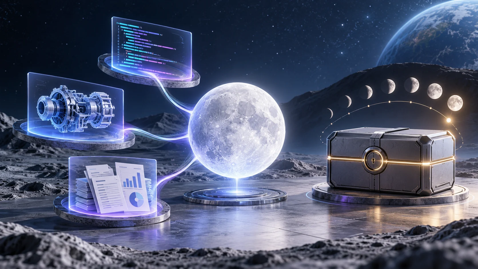 Una esfera lunar blanca conecta código, un modelo CAD y documentos financieros; una caja cerrada marca la espera hasta el 4 de noviembre