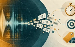 Una onda de voz se convierte en fragmentos de texto mientras un cronómetro y una etiqueta representan latencia y coste.