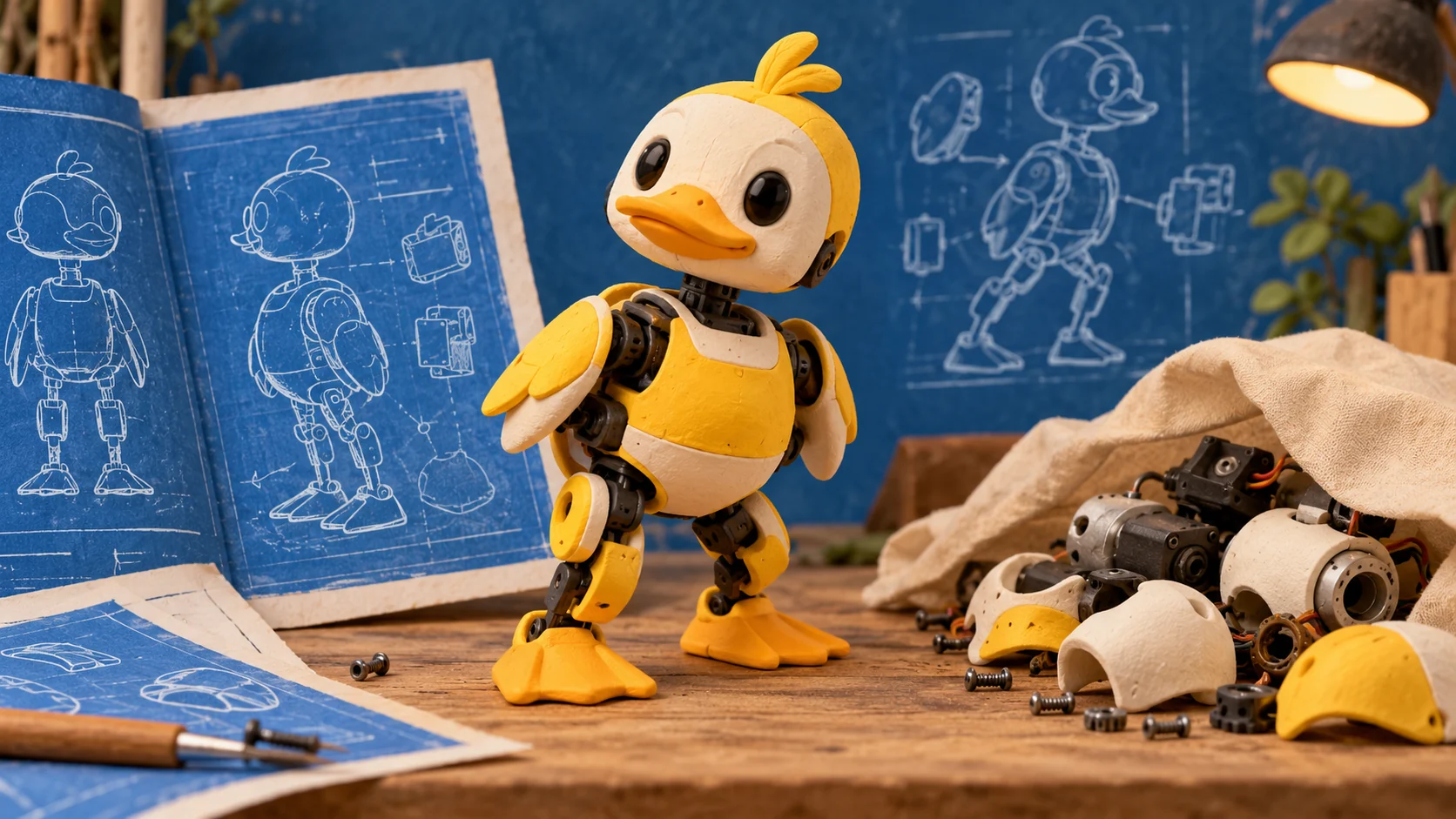 Pequeño robot con forma de pato junto a un repositorio abierto, un simulador y piezas de hardware parcialmente ocultas