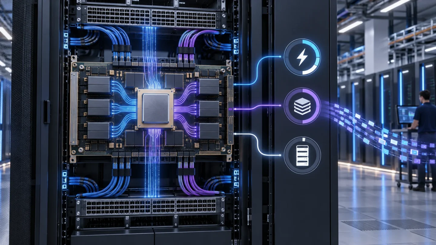 Un rack de inferencia muestra chiplets, memoria y flujo de datos junto a un indicador de energía.