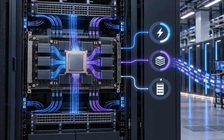 Un rack de inferencia muestra chiplets, memoria y flujo de datos junto a un indicador de energía.