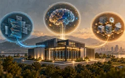 Centro de datos local conectado a tres anillos que representan código, modelos de IA y control operativo