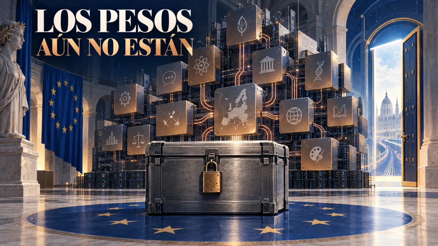 Una arquitectura modular europea se abre por API mientras un contenedor de pesos permanece sellado.