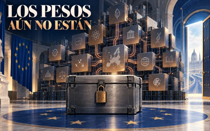 Una arquitectura modular europea se abre por API mientras un contenedor de pesos permanece sellado.