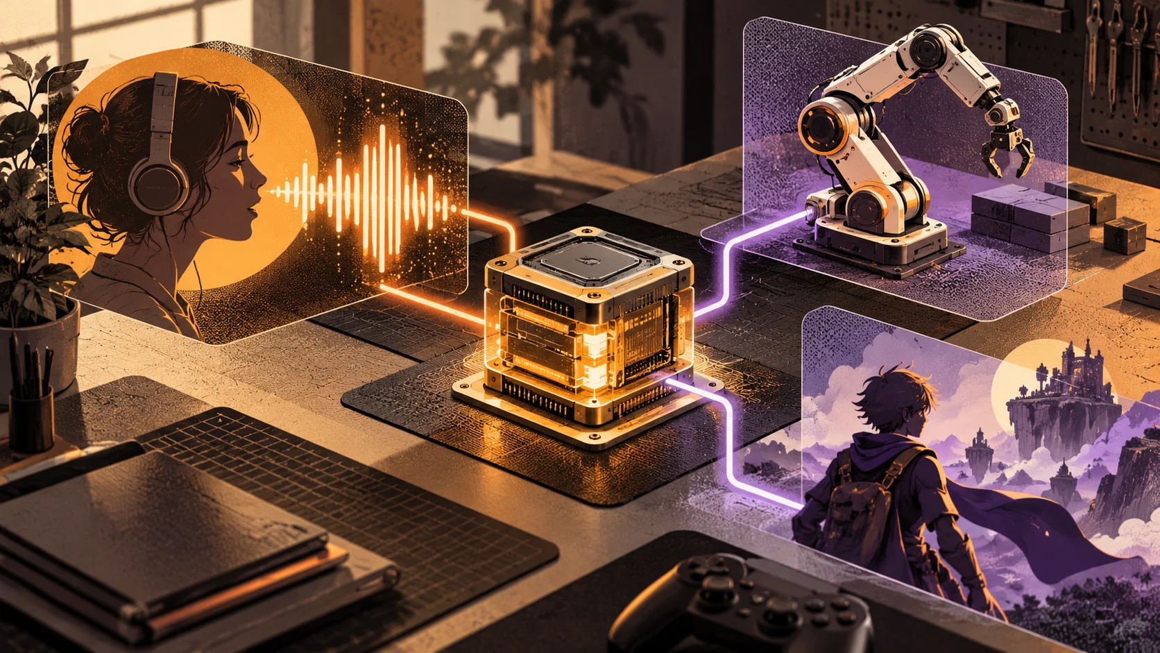 Placa compacta con un núcleo luminoso de cuatro gigabytes conectado a un asistente de voz, un robot y un personaje de videojuego